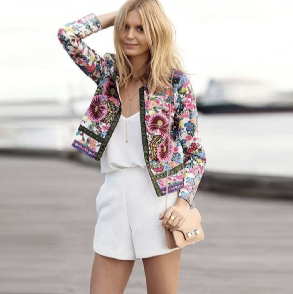 Floral Embroidered Cropped Jacket - Pink Multicolor